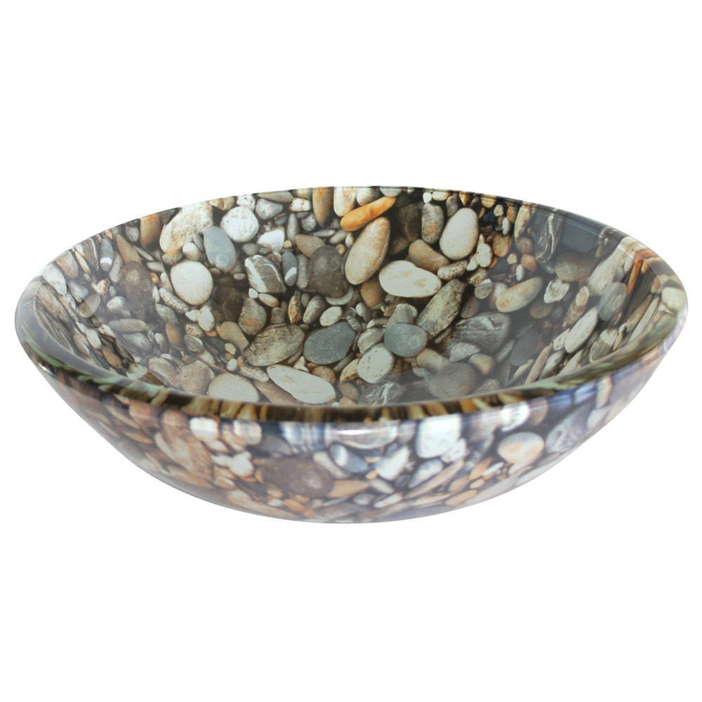 Eden Bath Natural Pebble Pattern Glass Vessel Sink in Multi-Colors with Pop-up Drain and Mounting Ring in Brushed Nickel, Gray/ Black/ Tan/ White/