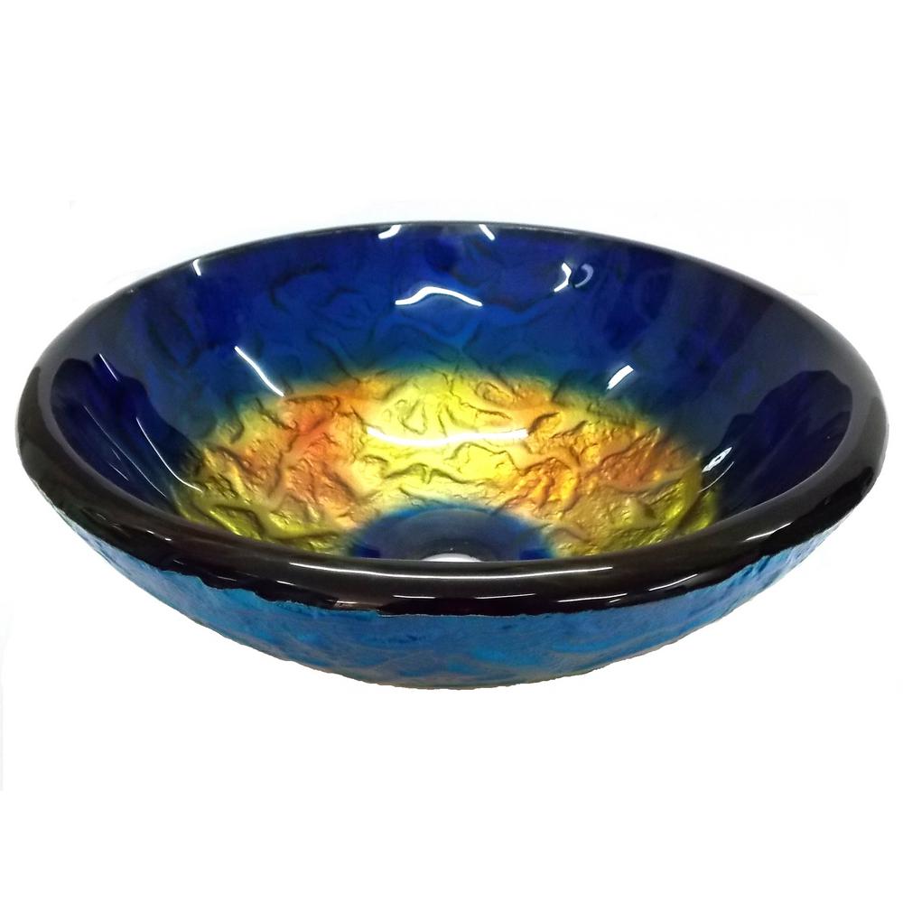 Eden Bath Small True Planet Glass Vessel Sink in Multi Colors with Pop-up Drain and Mounting Ring in Oil Rubbed Bronze, Blue with a Mix of Orange and