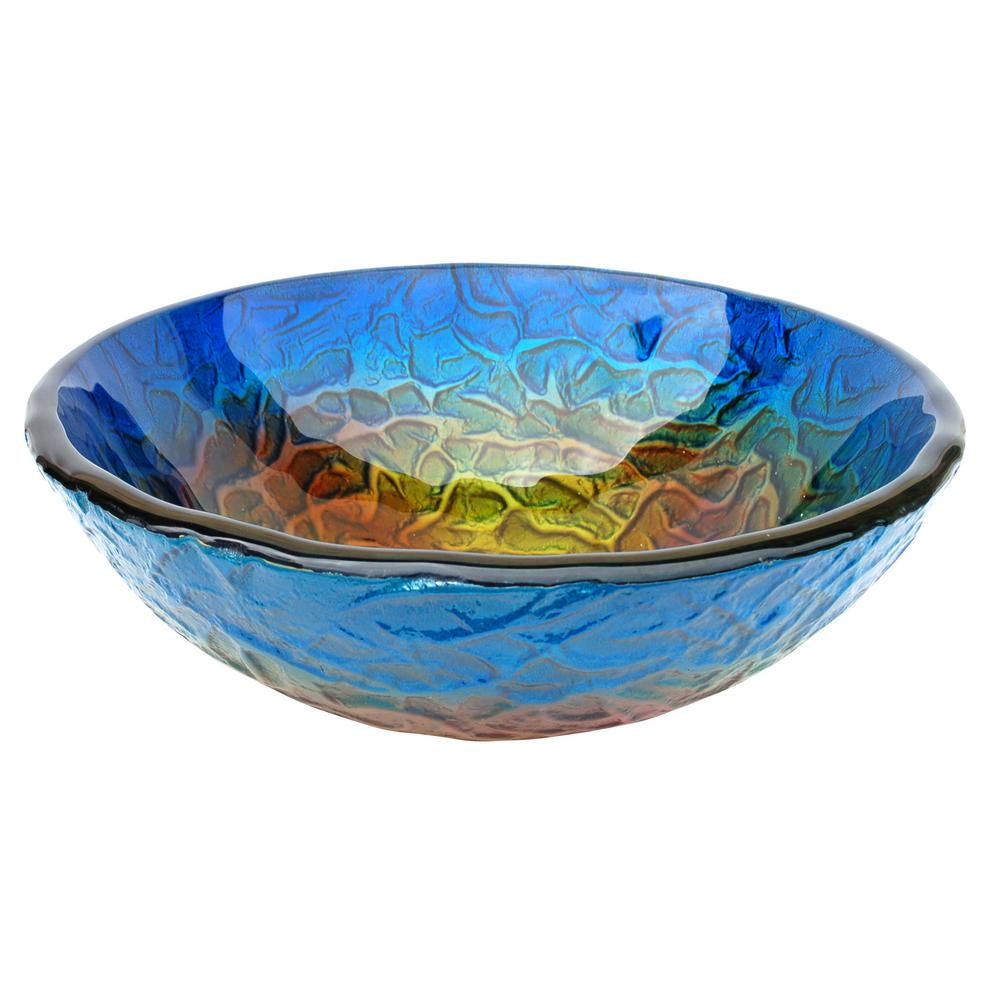 Eden Bath True Planet Glass Vessel Sink in Multi Colors with Pop-up Drain and Mounting Ring in Oil Rubbed Bronze, Blue with a Mix of Orange and Yellow