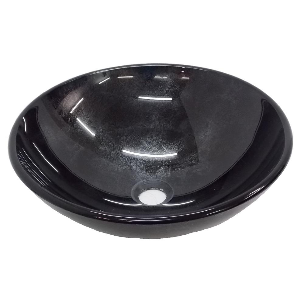 Eden Bath Reflections Glass Vessel Sink in Black with Pop-up Drain and Mounting Ring in Brushed Nickel, Black/ Silver