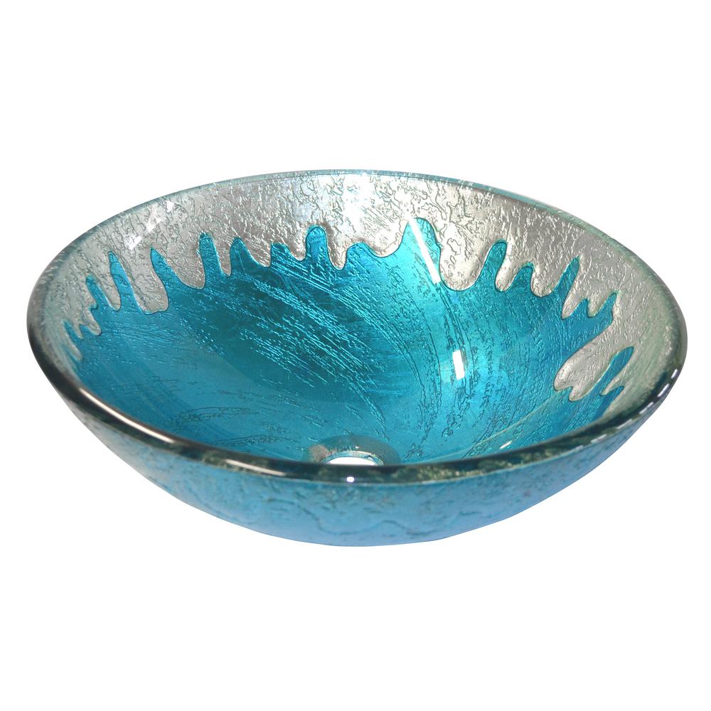 Eden Bath Blue Ice Glass Vessel Sink in Multi Colors with Pop-up Drain and Mounting Ring in Oil Rubbed Bronze, Teal Blue/ White