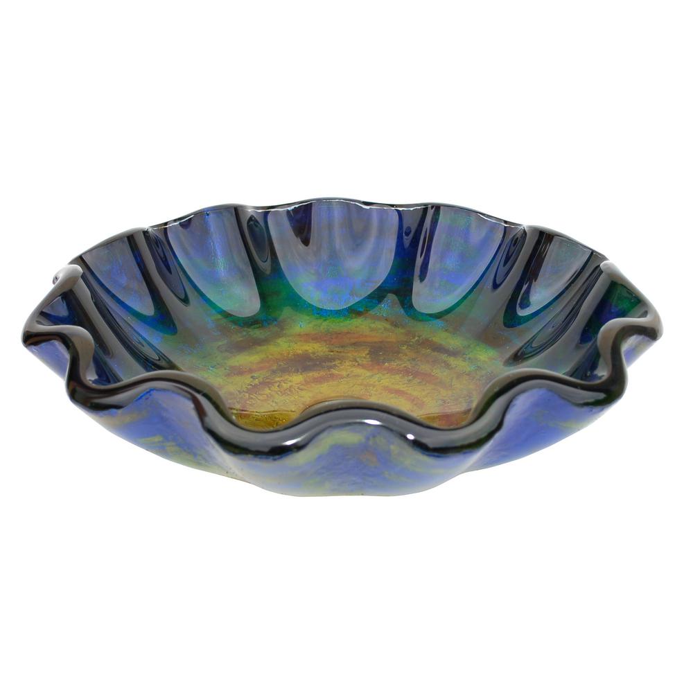Eden Bath Wave Rim Glass Vessel Sink in Multi Colors with Pop-up Drain and Mounting Ring in Chrome, Blue with a Mix of Orange and Yellow