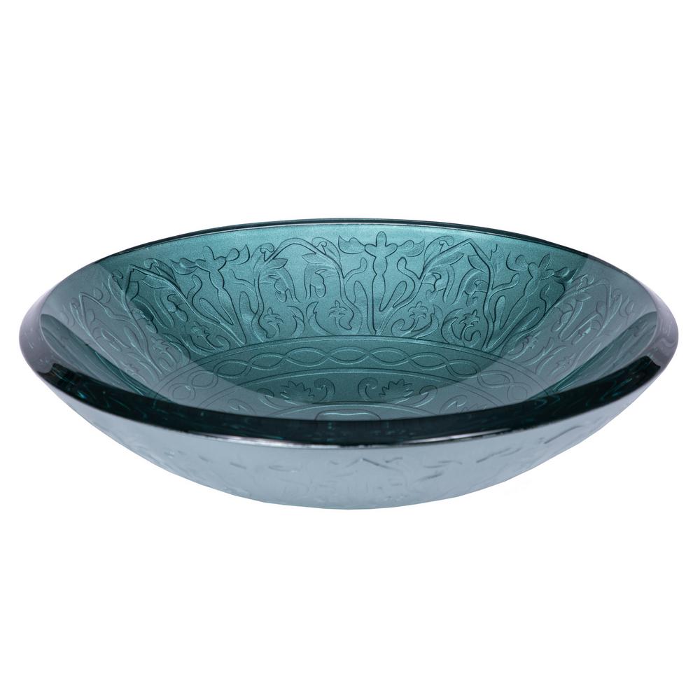 Eden Bath Embossed Glass Vessel Sink in Teal with Pop-up Drain and Mounting Ring in Chrome, Blue