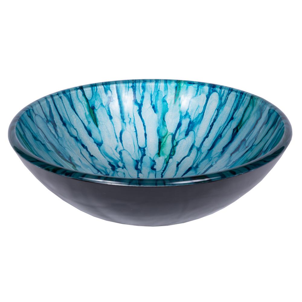 Eden Bath Magnolia Glass Vessel Sink in Blue and Green with Pop-up Drain and Mounting Ring in Brushed Nickel, Blue/ Green/ Black