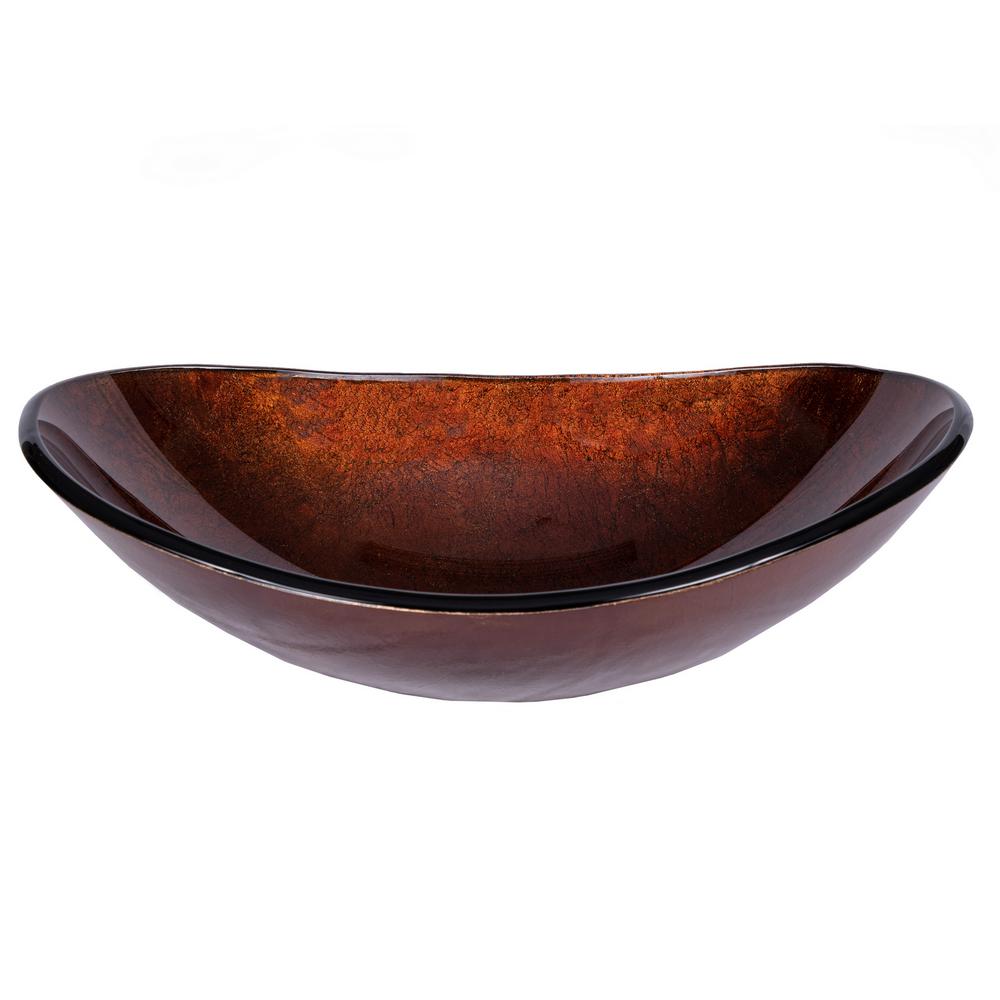Eden Bath Canoe Shaped Reflections Glass Vessel Sink in Red Copper with Pop-up Drain and Mounting Ring in Brushed Nickel, Red Copper/ Reddish Black/