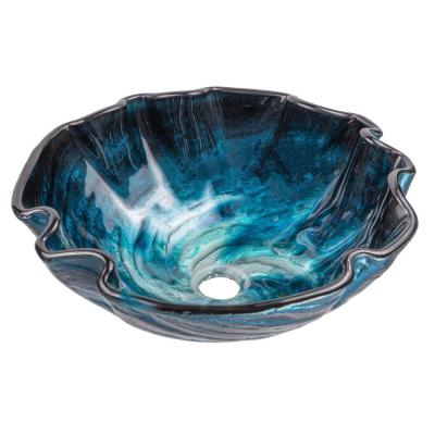 Eden Bath Caribbean Wave Glass Vessel Sink in Blue with Pop-up Drain and Mounting Ring in Oil Rubbed Bronze thumbnail