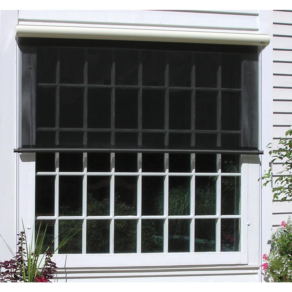 Cream Corded Light Filtering Motorized Vinyl Exterior Solar Shade Right Motor Cream Cassette 120 in. W X 84 in. L, Custom