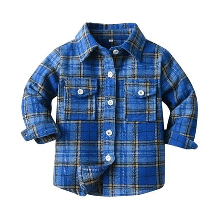 Hessimy Toddler Boys Flannel Shirt Toddler Buffalo Plaid Shirt Long Sleeve Button up Shirts Casual Tops(Blue 6-7 Years)