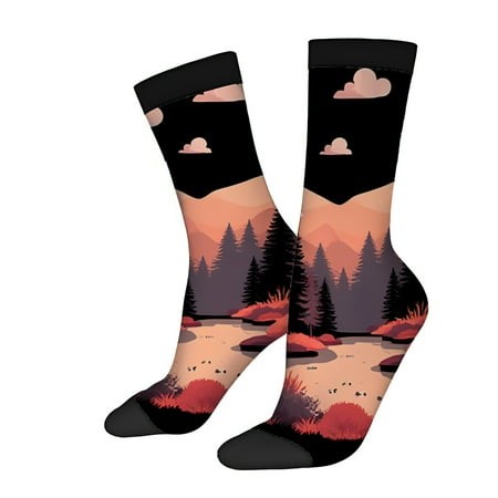 Four Seasons Nature-Themed Socks (2 Pairs) - Unisex Trendy Design with Pine Trees Winding Path & Serene Water in Pink Orange & Purple - Mixed Color Co