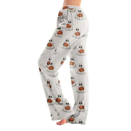 Homozy Halloween Pajamas Bottoms for Women Plus Size Elastic Waist Cute Ghost Printed Lounge Bottoms 2026 Fall Wide Leg Sleepwear Pants White XXL