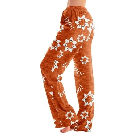 Homozy Halloween Printed Woman Pajama Pants Plus Size Elastic Waist Cute Ghost Printed Lounge Bottoms Casual Wide Leg Fall 2026 Pj Pants Saffron M