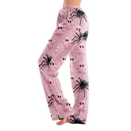 Homozy Halloween Womens Pajama Pants Plus Size Elastic Waist Cute Ghost Printed Lounge Bottoms Casual Wide Leg Fall 2026 Pj Pants Pink XL