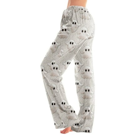 Homozy Halloween Womens Pajamas Bottoms Plus Size Elastic Waist Cute Ghost Printed Lounge Bottoms Casual Wide Leg Fall 2026 Pj Pants Light Gray M