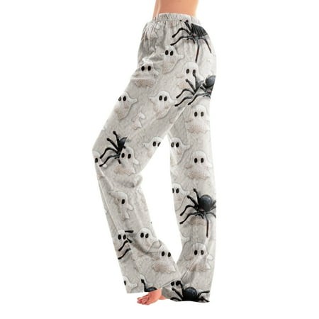 Homozy Halloween Pajamas Pants for Women Plus Size Elastic Waist Cute Ghost Printed Lounge Bottoms Casual Wide Leg Fall 2026 Pj Pants Gray L