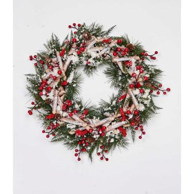 17 in. Artificial Birch Log Wreath with Pinecones Cotton and Berries thumbnail