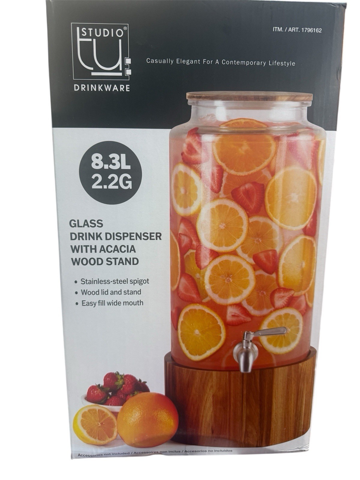 Studio TU, Glass Drink Dispenser with Acacia Wood Stand