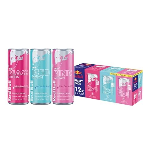 Red Bull Energy Drink Variety Pack, Peach, Iced Vanilla Berry, Pink, with 80mg Caffeine, Taurine & B Vitamins, 8.4 Fl. Oz, Pack of 12 Cans