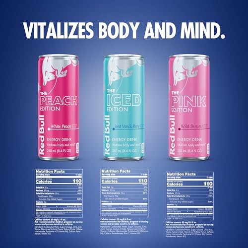 Red Bull Energy Drink Variety Pack, Peach, Iced Vanilla Berry, Pink, with 80mg Caffeine, Taurine & B Vitamins, 8.4 Fl. Oz, Pack of 12 Cans thumbnail