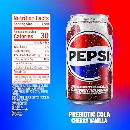 Pepsi Prebiotic Cola, Cherry Vanilla, 12 Fl Oz Cans (8 Pack), 30 Calories, 5g Prebiotic Fiber, 5g Sugar, Soda Pop Cola thumbnail