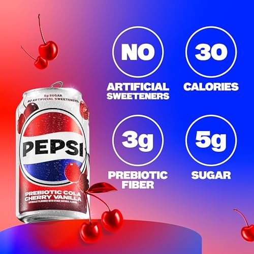 Pepsi Prebiotic Cola, Cherry Vanilla, 12 Fl Oz Cans (8 Pack), 30 Calories, 5g Prebiotic Fiber, 5g Sugar, Soda Pop Cola thumbnail