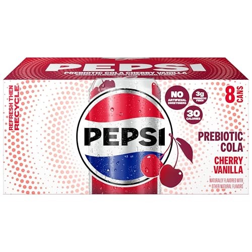 Pepsi Prebiotic Cola, Cherry Vanilla, 12 Fl Oz Cans (8 Pack), 30 Calories, 5g Prebiotic Fiber, 5g Sugar, Soda Pop Cola thumbnail