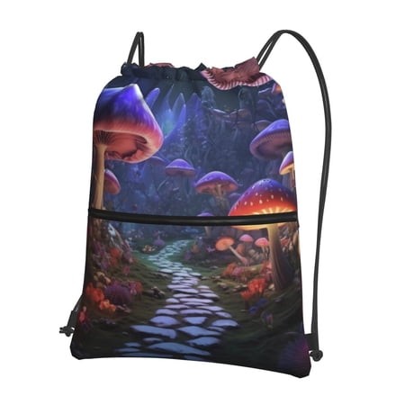 Vsdgher Jungle Path Glowing Mushrooms Drawstring Backpack Water Resistant String Bag Sports Sackpack Gym Sack for Men Women