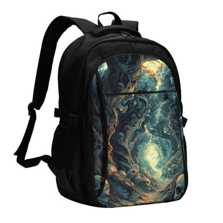 Pofeuu Enchanted Forest Skull Path Print Storage Laptop Backpack with USB Charging Port[Water Resistant] College Computer Bookbag Fits
