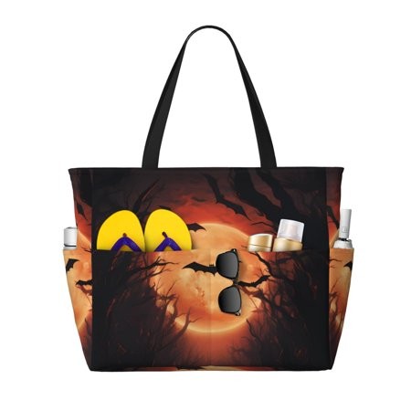 Large Beach Bags Water-resistant Sandproof - Bat Sun Forest Path Cute Beach Tote Bags for Women with Zipper