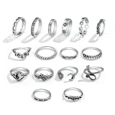 Personalized Retro Trendy Rings Set with Embossed Elephant Design - 16 Pieces  Women S Alloy Rings  Hollow  Snake  Tai Chi  and Moon Styles