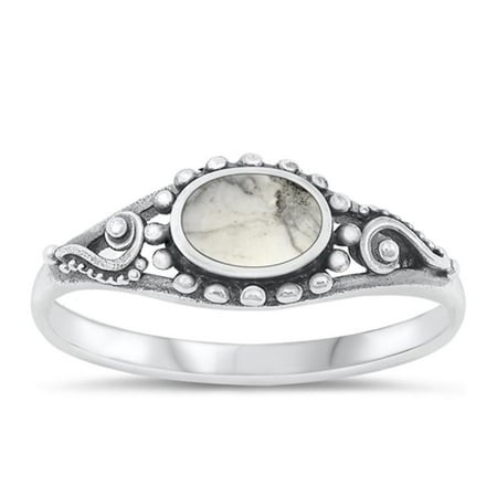 White Buffalo Simulated Turquoise Bali Ring .925 Sterling Silver Band Blue CZ Female Size 9