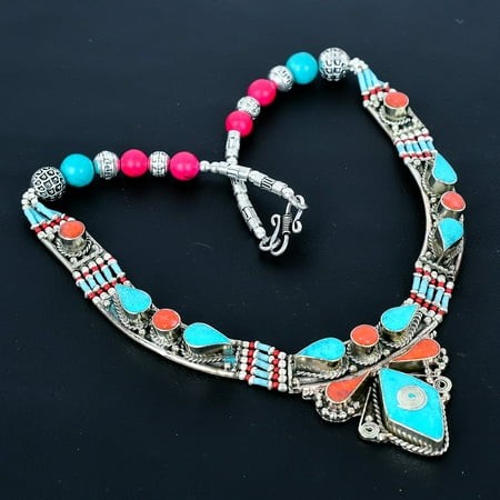 Turquoise Coral Handmade 925 Sterling Silver Tibetan Nepali Necklace 18  VJ 6755