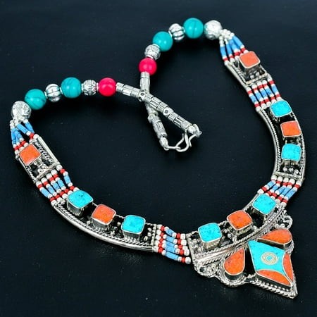 Red Coral Turquoise 925 Sterling Silver Tibetan Nepali Gift Necklace 18  VJ 6858