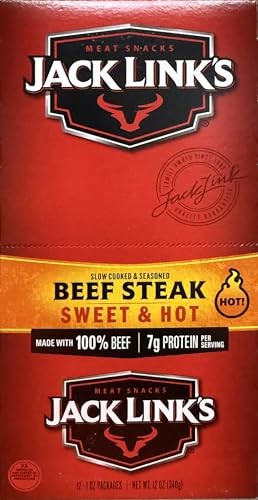 Jack Link’s Beef Steak, Sweet & Hot – 12 Count, 1 Oz Each – Slow Cooked & Seasoned, Made with 100% Beef – 7g Protein per Serving – High Prot