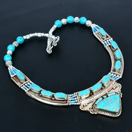 Turquoise Bohemian 925 Sterling Silver Gift Tibetan Nepali Necklace 18  VJ 6974