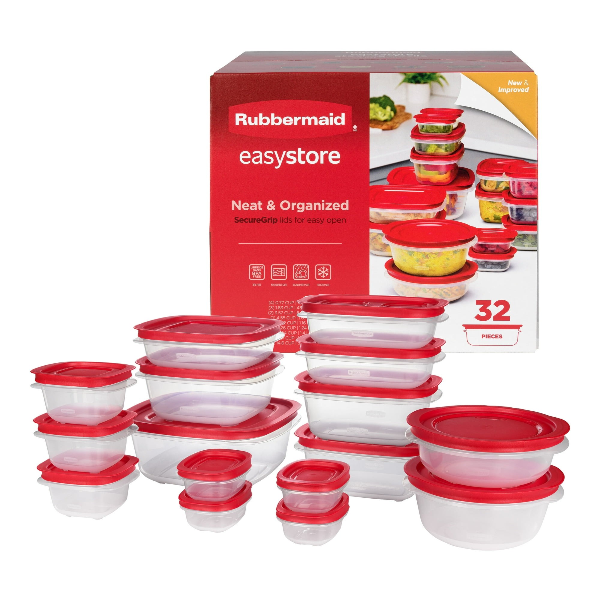 rubbermaid easystore rectangle, square, and round food storage containers with lids, 32-piece set