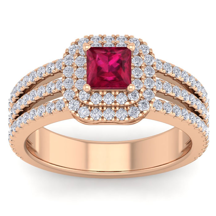 1.5 Carat Princess Cut Double Halo Ruby & Diamond Engagement Ring in 14K Rose Gold (5.90 G) (H-I, SI2-I1) by SuperJeweler