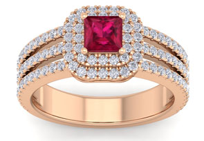 1.5 Carat Princess Cut Double Halo Ruby & Diamond Engagement Ring in 14K Rose Gold (5.90 G) (H-I, SI2-I1) by SuperJeweler thumbnail