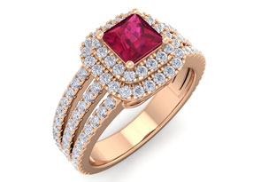 1.5 Carat Princess Cut Double Halo Ruby & Diamond Engagement Ring in 14K Rose Gold (5.90 G) (H-I, SI2-I1) by SuperJeweler thumbnail