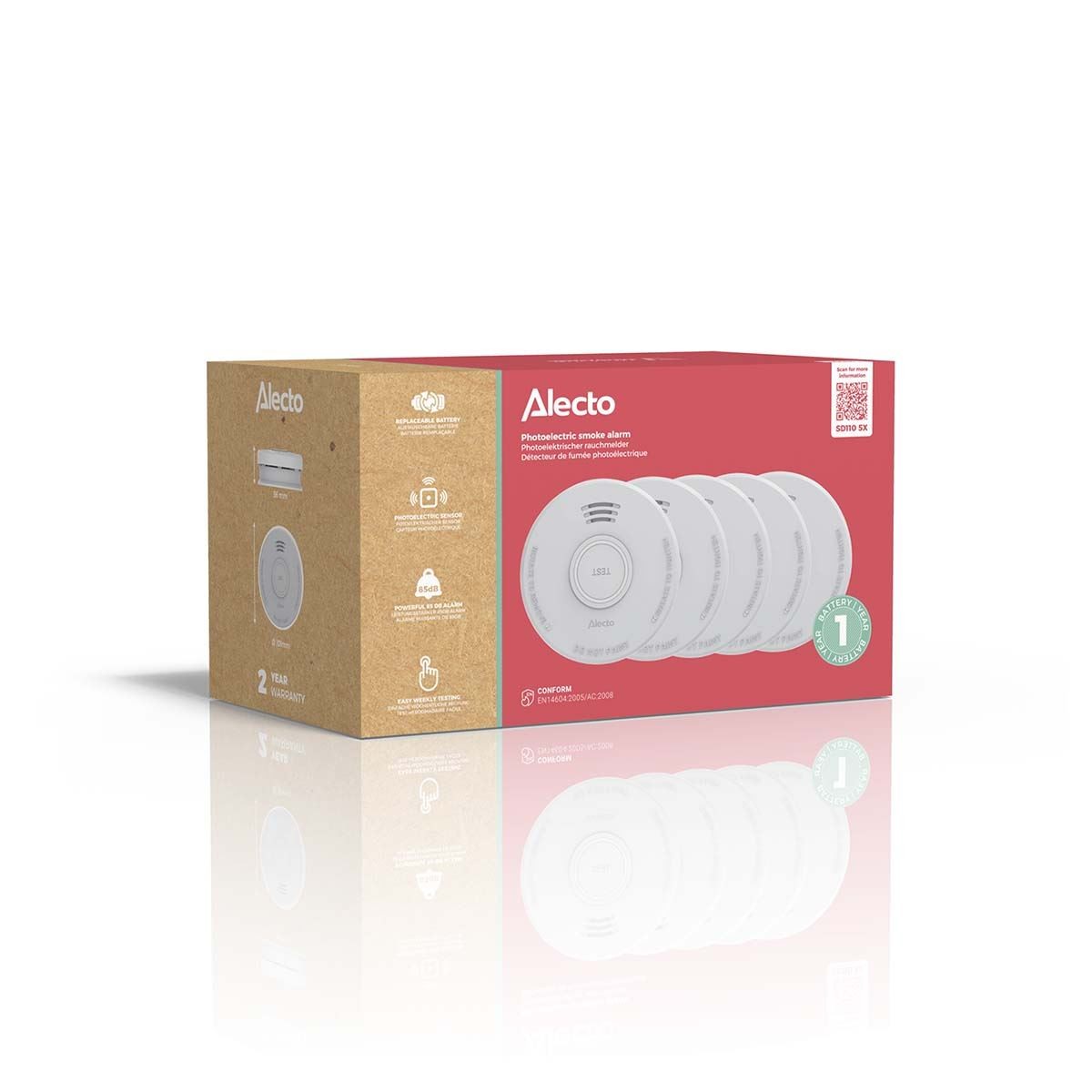 Alecto SD110 Smoke Detector with Hush Button | >85 DB | Battery Powered | EN14604:2005/AC:2008 | White | 5 Pack
