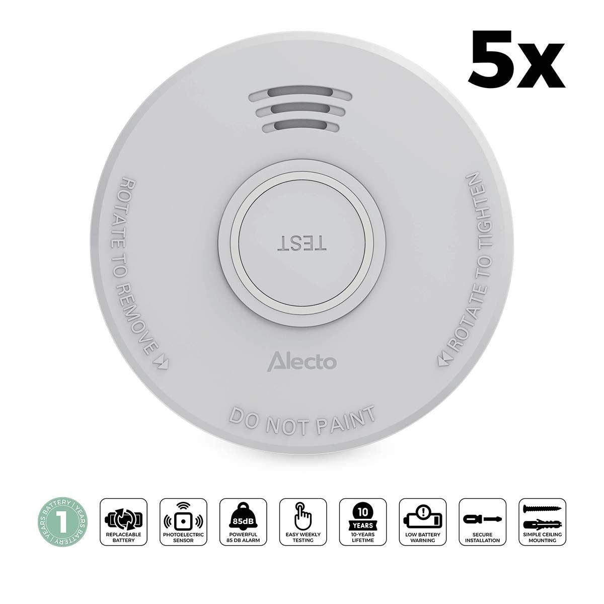 Alecto SD110 Smoke Detector with Hush Button | >85 DB | Battery Powered | EN14604:2005/AC:2008 | White | 5 Pack thumbnail