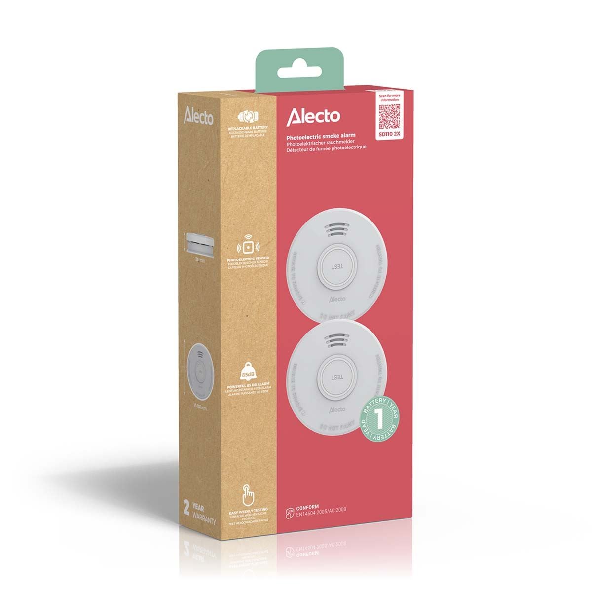Alecto SD110 Smoke Detector with Hush Button | >85 DB | Battery Powered | EN14604:2005/AC:2008 | White |2 Pack