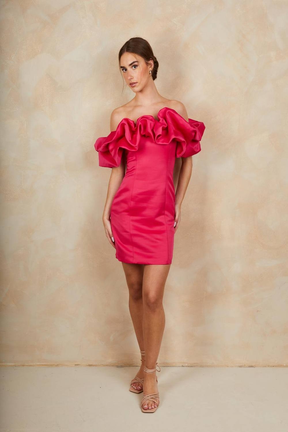 Chi Chi London Women's Ruffle Bardot Satin Mini Dress in Pink | Size: 16
