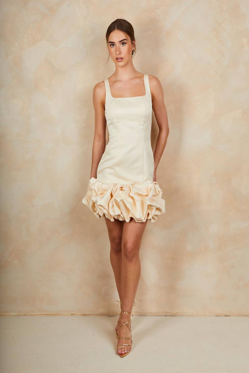 Chi Chi London Women's Ruffle Hem Satin Mini Dress in Cream | Size: 16