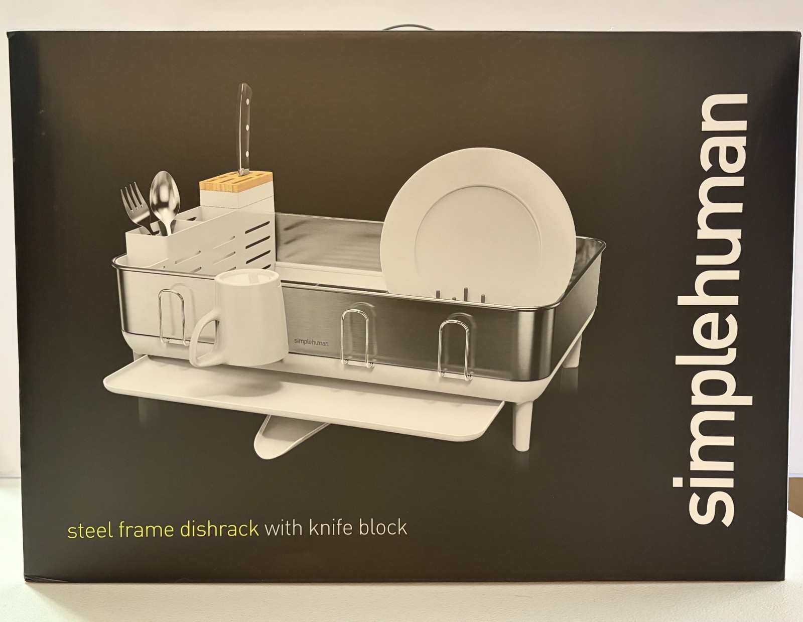 NEW Simplehuman Stainless Steel Frame Dish Drying Rack White with Knife Block