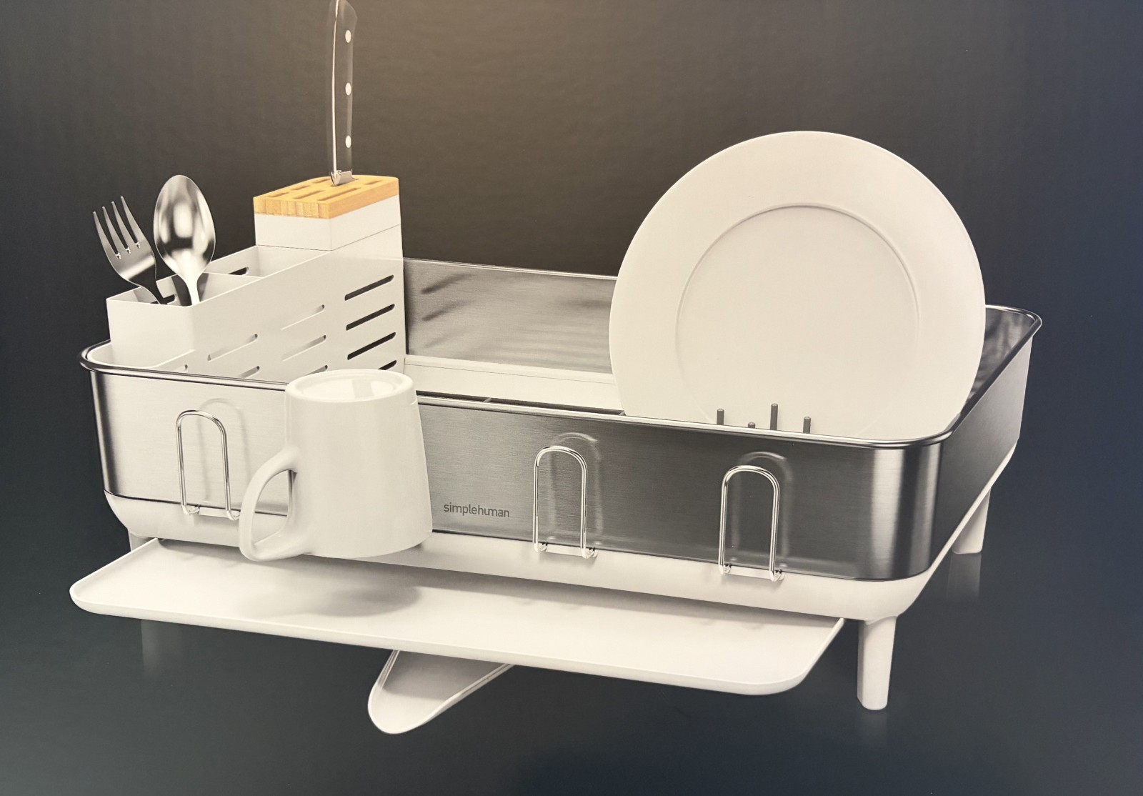 NEW Simplehuman Stainless Steel Frame Dish Drying Rack White with Knife Block