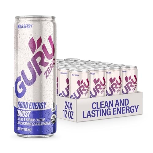 GURU ZERO SUGAR Wild Berry Organic Energy Drink with Plant Based Natural Caffeine from Green Tea, Coconut Water, Prebiotic, Zero Added Sugars, Gluten 