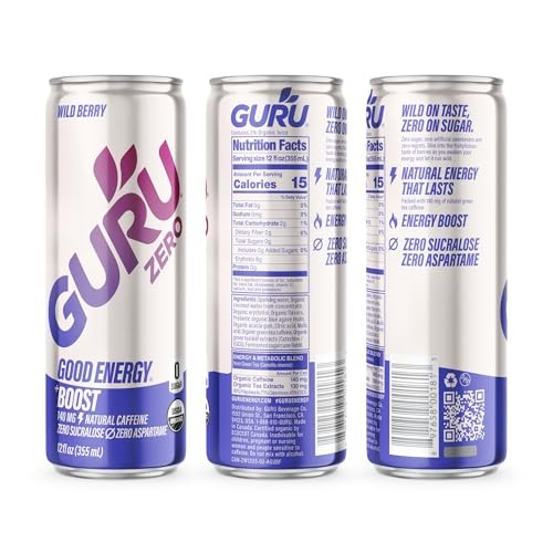 GURU ZERO SUGAR Wild Berry Organic Energy Drink with Plant Based Natural Caffeine from Green Tea, Coconut Water, Prebiotic, Zero Added Sugars, Gluten  thumbnail