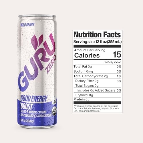 GURU ZERO SUGAR Wild Berry Organic Energy Drink with Plant Based Natural Caffeine from Green Tea, Coconut Water, Prebiotic, Zero Added Sugars, Gluten  thumbnail