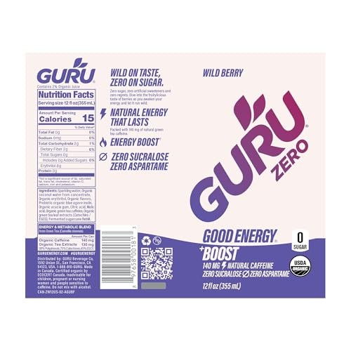 GURU ZERO SUGAR Wild Berry Organic Energy Drink with Plant Based Natural Caffeine from Green Tea, Coconut Water, Prebiotic, Zero Added Sugars, Gluten  thumbnail