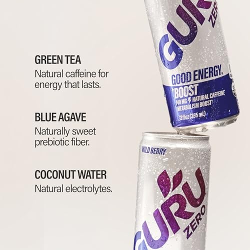 GURU ZERO SUGAR Wild Berry Organic Energy Drink with Plant Based Natural Caffeine from Green Tea, Coconut Water, Prebiotic, Zero Added Sugars, Gluten  thumbnail